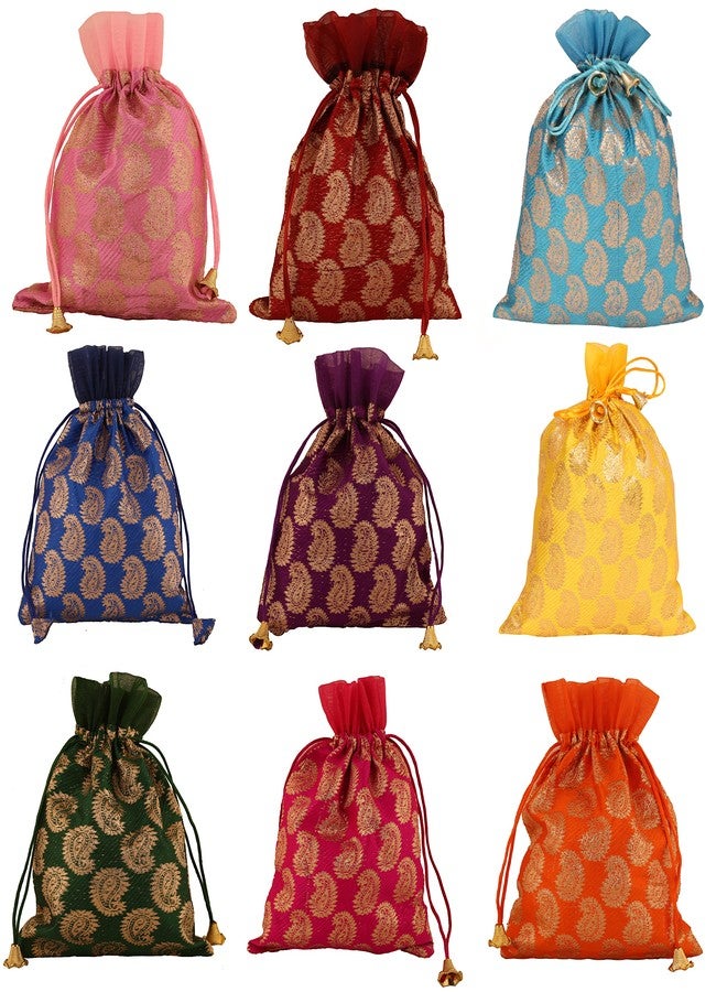 Touchstone Gorgeous Gift Wrapping bags reusable Large Drawstring Paisley Brocade for birthdays, wedding, return present packing set. pack of 9. 9x7 inches - Image 1